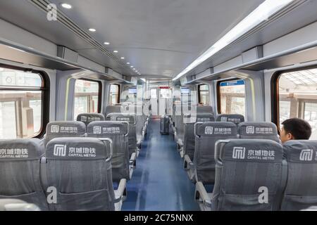 Pechino, Cina - 1 ottobre 2019: Treno espresso Metro all'aeroporto di Pechino capitale (PEK) in Cina. Foto Stock