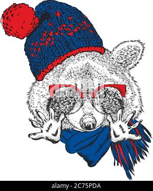 Raccoon in un cappello e sciarpa. Illustrazione vettoriale per biglietti d'auguri, poster o stampe su abiti. Illustrazione Vettoriale
