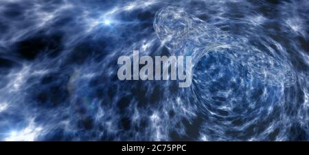 Illustrazione 3D Wormhole astratta per viaggi interstellari con galassie e stelle su un campo di forza blu Foto Stock