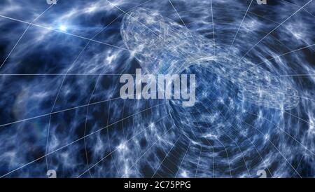 Illustrazione 3D del wormhole con galassie, stelle e una griglia blu del campo di forza, per fantascienza, viaggi interstellari o backgroun continuum spazio-tempo Foto Stock
