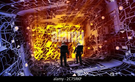 Rendering 3D di astronauti esplorando un tunnel interno di astronave con un'architettura tecnologica, per videogiochi futuristici o fantascienza Foto Stock