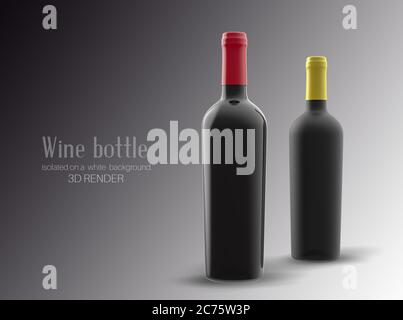 Tre bottiglie di vino in vetro nero opaco isolato. Primo piano sull'alcol. Smalti morbidi. rendering 3d. Modello per design, pubblicità, branding. Foto Stock