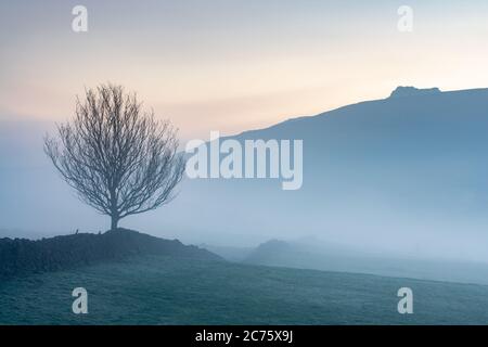 Simons torri del sedile al di sopra del paesaggio di Wharfedale vicino Appletreewick in una nebbiosa mattina inverno come una inversione di temperatura riempie la valle. Foto Stock