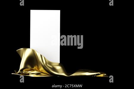 Supporto verticale bianco con panno dorato isolato su sfondo nero. Banner, modello per presentazione, pubblicità. illustrazione 3d Foto Stock