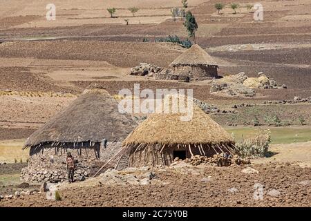 Contadino di fronte a tradizionali capanne rotonde in pietra con tetti di paglia negli altopiani etiopi, Lasta Amhara Regione, Etiopia, Africa Foto Stock