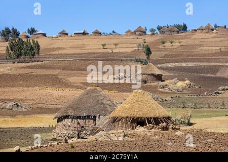 Contadino di fronte a tradizionali capanne rotonde in pietra con tetti di paglia negli altopiani etiopi, Lasta Amhara Regione, Etiopia, Africa Foto Stock