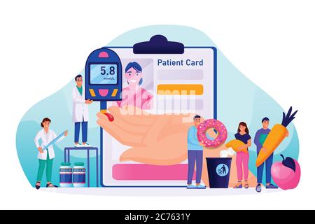 Diabete, glicemia test. Malattie, diagnosi e trattamento del diabete. Illustrazione dei caratteri delle persone vettoriali. Prevenzione del diabete, sano Illustrazione Vettoriale