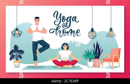 Uomo e donna che fanno yoga a casa. Illustrazione dei caratteri di coppia di cartoni animati piatti vettoriali. Home yoga esercizio pratica, meditazione. Stile di vita sano e r Illustrazione Vettoriale