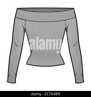 Top a coste a tracolla illustrazione tecnica della moda con maniche lunghe, forma aderente. Mascherina di abbigliamento piatta anteriore, colore grigio. Donne, uomini, mockup CAD unisex Illustrazione Vettoriale