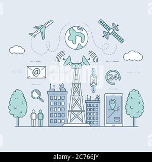 Torre cellulare di trasmissione o torre di comunicazione mobile sul panorama cittadino. Smartwatch, smartphone, satellite, aereo e case utilizzando la comunicazione wireless vettore cartoon illustrazione del profilo. Illustrazione Vettoriale