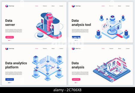 Servizi tecnici isometrici di illustrazione vettoriale del data center. Set di banner creativi e moderni, progettazione di siti Web con tecnologia di database 3d cartoon, strumenti di analisi e analisi dei dati per lo storage dei server Illustrazione Vettoriale