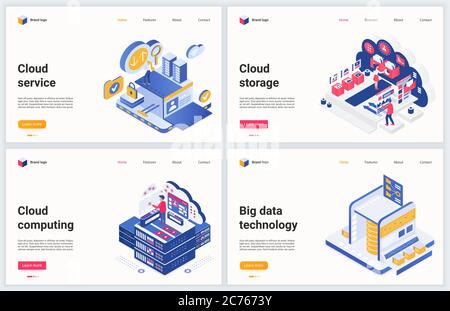 Set di illustrazioni vettoriali per tecnologia isometrica dei big data. Banner di concetto creativo, progettazione di siti Web con servizi data center 3D cartoon per lo storage di server cloud, hardware di database digitali Illustrazione Vettoriale