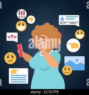 Illustrazione vettoriale delle persone che si sono spaurate di informatica. Cartoon piatto triste bulliato grasso personaggio donna ha cyber bully beffa problema nei social media online, la lettura di messaggi di odio Internet in background smartphone Illustrazione Vettoriale