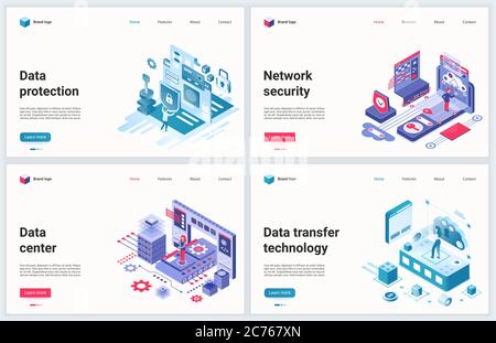 Illustrazione vettoriale della tecnologia di protezione dei dati isometrica. Set di banner creativi, progettazione di siti web con software cartoon 3d protecting data center, servizio tecnico per database internet sulla sicurezza informatica Illustrazione Vettoriale