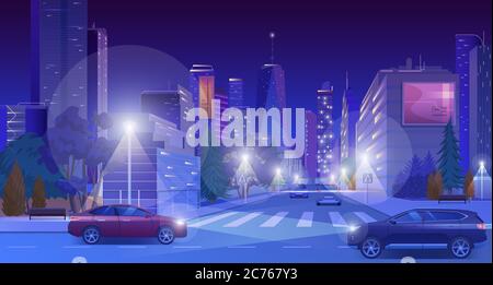 Città centro di notte illustrazione vettoriale. Cartoon piano moderno blu futuristico paesaggio urbano con grattacieli in luci al neon incandescenti, auto su strada illuminata, vita notturna città paesaggio sfondo Illustrazione Vettoriale