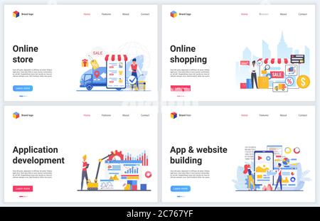 Negozio online, illustrazioni vettoriali per la tecnologia degli acquisti. Progettazione di siti Web con interfaccia creativa, banner con modello di app mobile shop cartoon flat, sviluppo di applicazioni tecnologiche e moderne per ecommerce Illustrazione Vettoriale