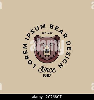 Stile linea Bear Face con tipografia retro. Segno vettoriale astratto, simbolo o modello di logo. Silhouette cartoon. Illustrazione Vettoriale