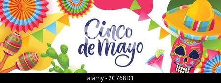 Cinco de Mayo fiesta, modello di creazione di banner o poster orizzontali. Buono omaggio di benvenuto con scritta calligrafia e simboli nazionali messicani su bianco Illustrazione Vettoriale
