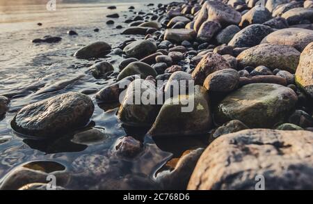 Pietre rotonde su una spiaggia sul Mar Baltico svedese Foto Stock