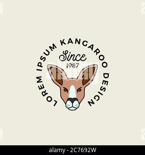 Linea stile Kangaroo faccia con retro tipografia. Segno vettoriale astratto, simbolo o modello di logo. Silhouette cartoon. Illustrazione Vettoriale