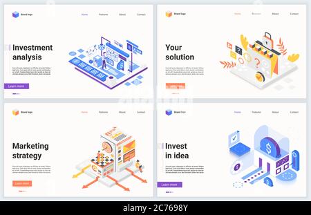 Investimenti isometrici in nuove idee aziendali illustrazione vettoriale. Set di banner creativi e moderni, design di siti web con strategia di marketing 3d cartoon per investimenti finanziari in un progetto di successo idea Illustrazione Vettoriale