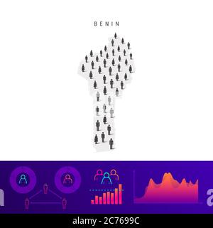 Mappa delle persone Benin. Silhouette dettagliata. Folla mista di icone maschili e femminili. Elementi infografici della popolazione. Illustrazione isolata su bianco. Foto Stock