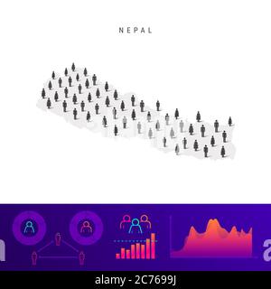 Mappa della gente del Nepal. Silhouette dettagliata. Folla mista di icone maschili e femminili. Elementi infografici della popolazione. Illustrazione isolata su bianco. Foto Stock