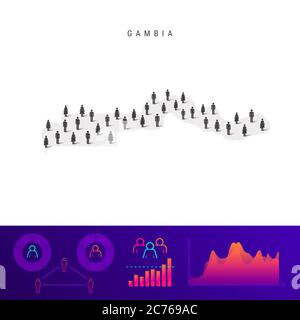 Mappa Gambia People. Silhouette dettagliata. Folla mista di icone maschili e femminili. Elementi infografici della popolazione. Illustrazione isolata su bianco. Foto Stock