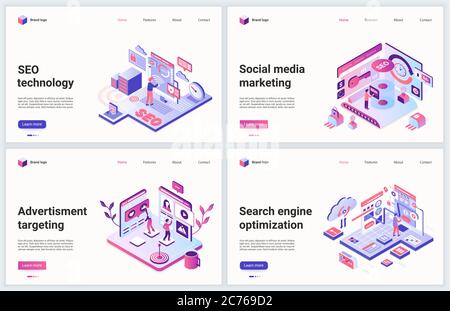 Illustrazione vettoriale del concetto di tecnologia isometrica seo. Creativo moderno promo banner set, sito web design con cartoon 3d seo Search Engine ottimizzazione, annuncio targeting e promozione di social media marketing Illustrazione Vettoriale