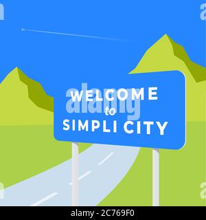 Benvenuti alla semplicità. Illustrazione astratta del segnale stradale vettoriale. Paesaggio in stile piatto con percorso e montagne Viev. Modello di progetto minimalista Illustrazione Vettoriale