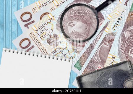 10 bollette e lente d'ingrandimento polacche con borsetta nera e blocco note. Concetto di denaro contraffatto. Cerca le differenze nei dettagli sulla bolletta Foto Stock