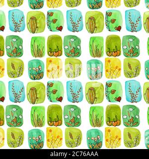 Pittura a mano astratto acquerello forme geometriche pennellate con fiori di doodle foglie motivo senza giunture Foto Stock