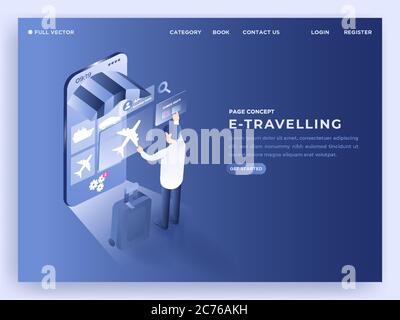 Uomo che ordina il biglietto online tramite smartphone in viaggio Landing page business. Illustrazione vettoriale isometrica 3D Illustrazione Vettoriale