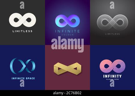 Set di simboli Infinito vettoriale astratti. Gradienti moderni e tipografia, Ombre morbide. Una raccolta di modelli di logo di un segno senza limiti su sfondi scuri Illustrazione Vettoriale