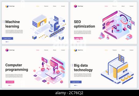 Illustrazione vettoriale della tecnologia di analisi dei dati isometrici. Set di banner creativi, progettazione di pagine web di interfaccia, servizio di analisi di ricerca 3D cartoon, programmazione, sviluppo e ottimizzazione di database Illustrazione Vettoriale