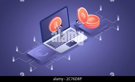 Criptovaluta del simbolo Bitcoin su un computer portatile isolato. Illustrazione isometrica vettoriale 3D Illustrazione Vettoriale