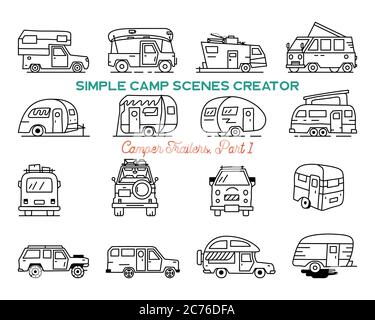 Rimorchi ricreativi trainati a mano d'epoca, icone di automobili Rv. Elementi grafici line art semplici. Veicoli da campeggio furgoni e caravan simboli. Scorte Illustrazione Vettoriale