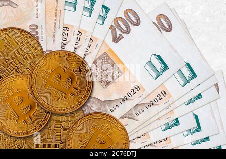 200 bollette ceche e monete d'oro. Concetto di investimento in criptovaluta. Crypto mining o transazioni commerciali Foto Stock