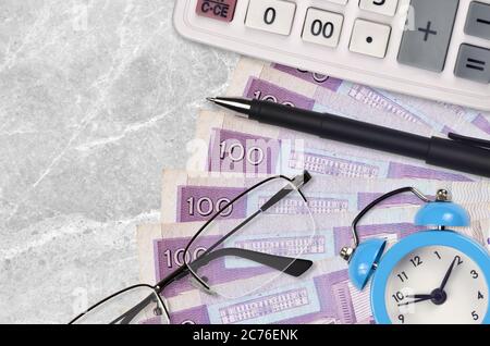 100 bollette e calcolatrice per piso filippino con occhiali e penna. Concetto di stagione di pagamento di imposta o di prestito di affari. Pianificazione finanziaria e tempo per pagare le tasse Foto Stock