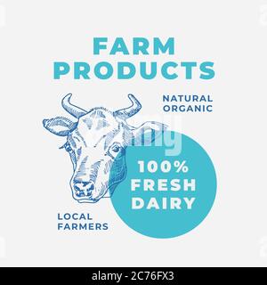 Prodotti lattiero-caseari locali Abstract Vector Sign, Symbol or Logo Template (simbolo o modello logo). Sillhouette di faccia disegnata a mano con tipografia moderna. Fattoria latte fresco emblema o. Illustrazione Vettoriale