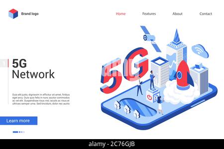 Illustrazione vettoriale della tecnologia di rete di telecomunicazione 5G isometrica. Banner creativo e moderno, design di siti web con cartoon 3d TECH rete globale di telecomunicazioni ad alta velocità in città intelligente Illustrazione Vettoriale