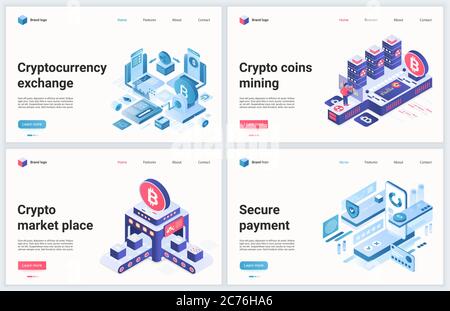 Illustrazione vettoriale della tecnologia a catena di blocco con criptovaluta isometrica. Set di banner creativi, progettazione di siti web con investimento in 3d cartoon in fattoria di estrazione di valuta criptata, scambio nel mercato cripto Illustrazione Vettoriale