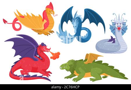 Set di illustrazioni vettoriali Dragon. Cartoon Asian colorful fiaba mitico drago collezione di elementi, fuoco metallo terra albero acqua, fuoco respirando mostri serpenti, fantasy animali isolati su bianco Illustrazione Vettoriale