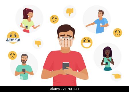 Illustrazione vettoriale delle persone che si sono spaurate di informatica. Cartoon piatto giovane uomo triste personaggio tenendo smartphone, infelice depresso ragazzo che riceve messaggi di odio bullo nei social media, cyber schernoso isolato su bianco Illustrazione Vettoriale