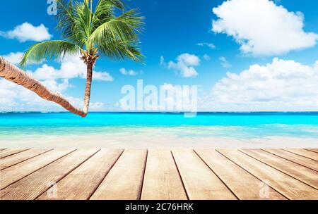 Palme da cocco contro il cielo blu e la bellissima spiaggia di Punta Cana, Repubblica Dominicana. Sfondo vacanze. Vista di un bel tropico Foto Stock