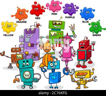 Cartoon Educational Illustrazione dei colori di base con Comic Robots Characters Group Illustrazione Vettoriale