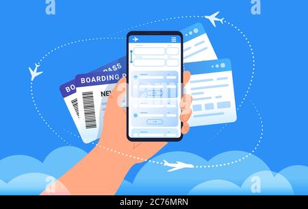 Carta d'imbarco mobile per il check-in online e gli aerei che volano intorno nelle nuvole Illustrazione Vettoriale