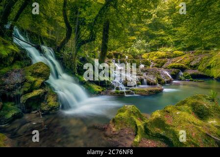 Una grande cascata in foresta profonda nelle gole di Nera Cheile Nerei in Romania Foto Stock