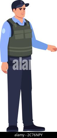 COP in gilet antiproiettile semi piatto RGB a colori illustrazione vettoriale. Protezione di sicurezza. Salvaguardia bancaria. Pattuglia poliziotto. L'ufficiale di polizia si trova in iso uniforme Illustrazione Vettoriale
