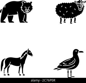 Animali domestici e selvatici glifo nero icone set su spazio bianco. Simboli di silhouette di orso, gabbiano, cavallo e pecora. Mammiferi e uccelli. Foresta fauna selvatica a Illustrazione Vettoriale